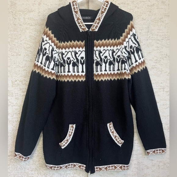 Gamboa Alpaca Wool Novelty Sweater Zip Up Hooded Blacl White Tan Pockets So Soft - Picture 1 of 16